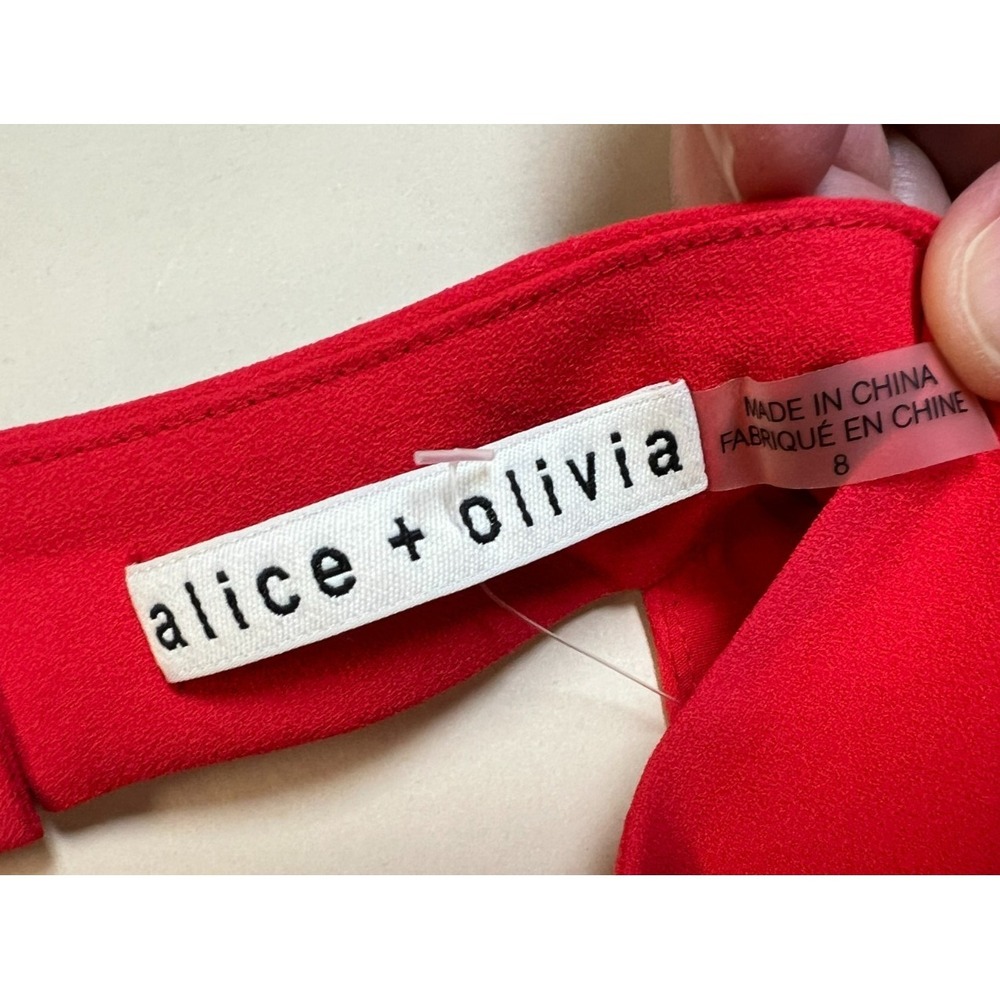Alice & Olivia Bailey Mini Dress Red Mock Neck V-Back Zip 3/4 Bell Sleeve SZ 8 - Picture 11 of 16
